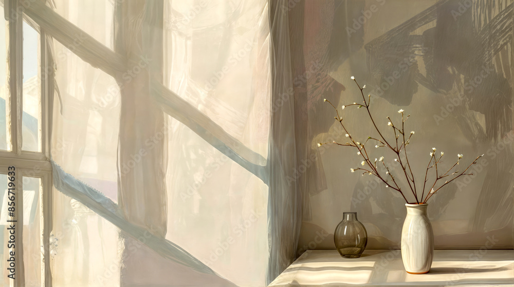 Poster painting of vase with branch in it next to window.