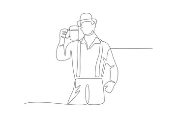 Happy man with a glass of beer. Oktoberfest concept one-line drawing
