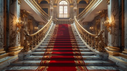 Grand staircase with red carpet and gold railings, luxurious hall, detailed architectural and interior design, raw style