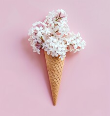 Creative arrangement of white flowers in an ice cream cone against a pink background, perfect for creative and floral-themed projects.