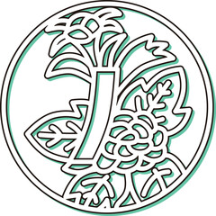 カラーシャドウの円形ミニ花札　水無月　牡丹　青短　6月　牡丹に青短