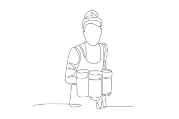 Woman carrying three beers. Oktoberfest concept one-line drawing