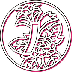 カラーシャドウの円形ミニ花札　水無月　牡丹　青短　6月　牡丹に青短