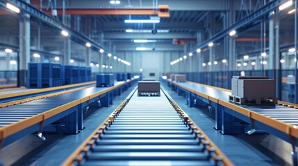 High-tech smart factory with empty conveyor belts, efficient and automated production line, industrial automation concept, raw style