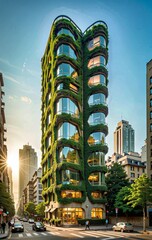 conceptual representation of a futuristic energetic apartment building with a planted facade to regulate the temperature and create green spaces for natural diversity