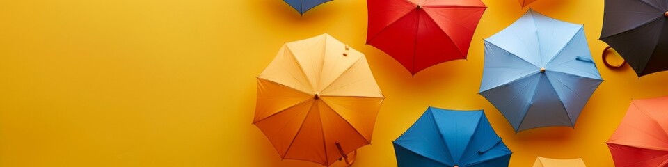 Top View of Colorful Umbrellas Lying Flat on Yellow Background, Representing Inclusivity, Freedom, and Romance. Isometric Design, Rainy Day, June and July, Summer Season. Minimalistic and High-Resolut