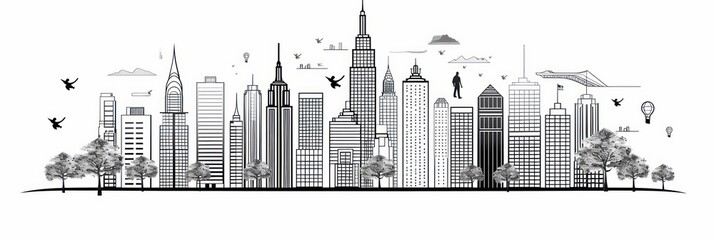 Fototapeta premium cityscape background, City buildings and trees at city view. Monochrome urban landscape with clouds in the sky. Modern architectural flat style vector illustration.