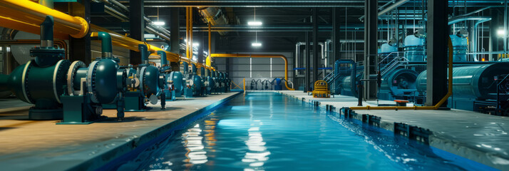 A wastewater treatment facility with pumps and filtration systems, demonstrating the machinery that cleans water.