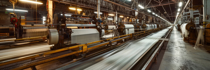 A textile mill with rows of looms weaving intricate patterns, surrounded by the warm glow of task lighting