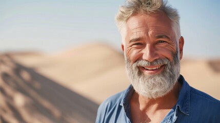 A smiling older man with gray hair and beard in a desert landscape, symbolizing resilience and joy, perfect for lifestyle and travel-themed projects.