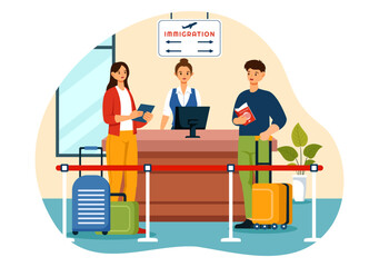 Immigration Vector Illustration, Movement of People with Document Visa and Passport for Relocating to Another Country in a Flat Cartoon Background