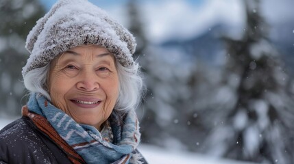 Fototapeta premium A joyful older woman with long gray hair smiling in a winter landscape with mountains and trees in the background, perfect for lifestyle and nature-themed projects.