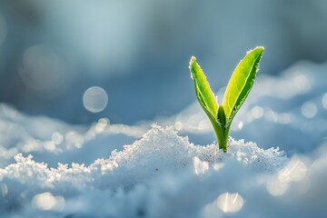 A young green sprout emerging from the snow, symbolizing hope and resilience, ideal for nature and inspirational themes.