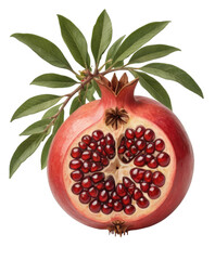 Pomegranate in the style of old botanical illustrations, transparent background.