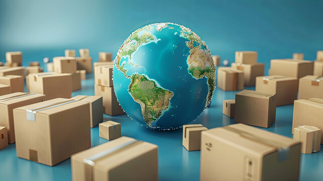 Earth world map surrounded by cardboard, The concept of parcel delivery around the world, blue background