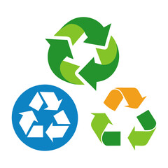 Three different colored recycling symbols stacked on white background