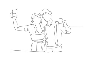 Couple drinking beer. Oktoberfest concept one-line drawing