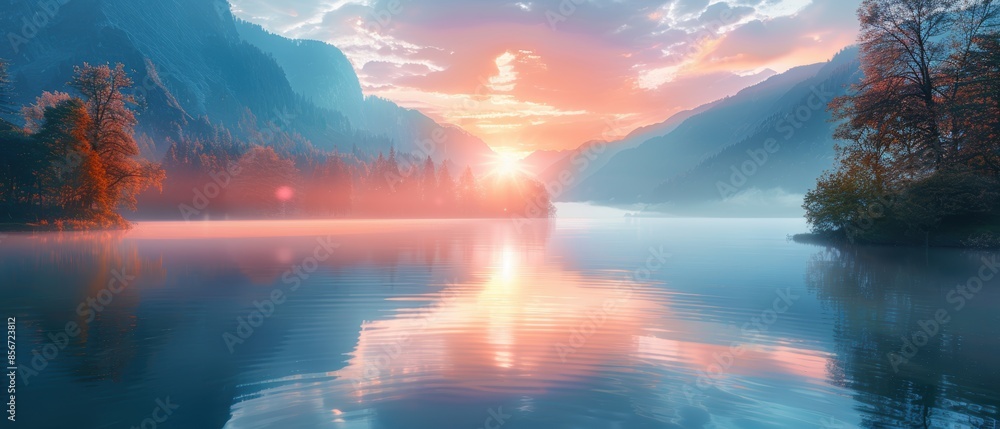 Wall mural Mountain Lake at Sunset.