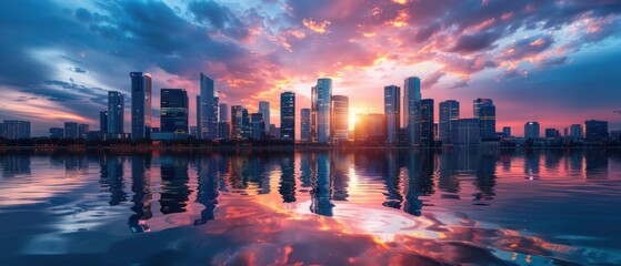 Obraz premium City Skyline Reflected in Water at Sunset.