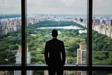 Successful American Businessman Atop New York City Skyscraper Admiring Central Park View