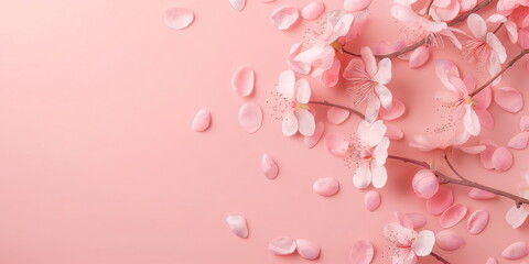 Fototapeta premium Banner with flowers on peach color background. Greeting card template for Wedding, mothers or womans day. Springtime composition with copy space. Flat lay style