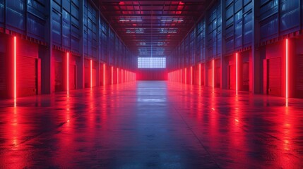 Fototapeta premium Industrial Warehouse with Red Neon Lights
