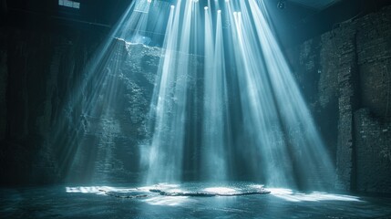 Light Beams In A Darkened Room With Stone Walls