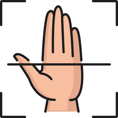 Biometric identification, palm recognition or verification icon. ID biometric identification, access digital recognition or biometric signature security technology linear vector icon with human palm