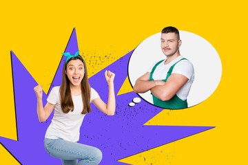 Composite photo collage of two happy girl guy couple communication bubble video call speech concept...