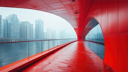 Red Walkway Overlooking Modern Cityscape