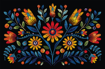 Mexican flower traditional pattern background. Mexican ethnic embroidery decoration ornament. Flower symmetry texture. Ornate folk graphic, wallpaper. Festive mexican floral motif.  © ckybe