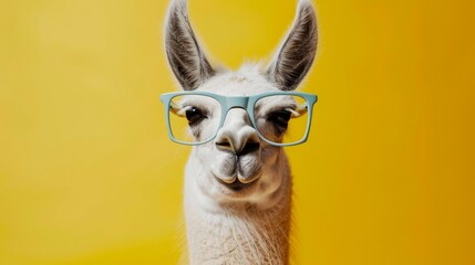 Obraz premium Llama in Blue Glasses, Bright Yellow Background