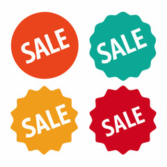 Four sale stickers in various colors on a white background