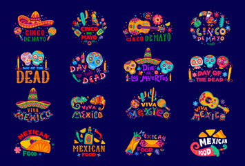 Mexican holidays lettering icons. Mexico fiesta vector typography font with cartoon Day of the Dead skulls, sombrero hats, guitars and maracas. Cinco de Mayo festival food, tequila, flowers and cactus