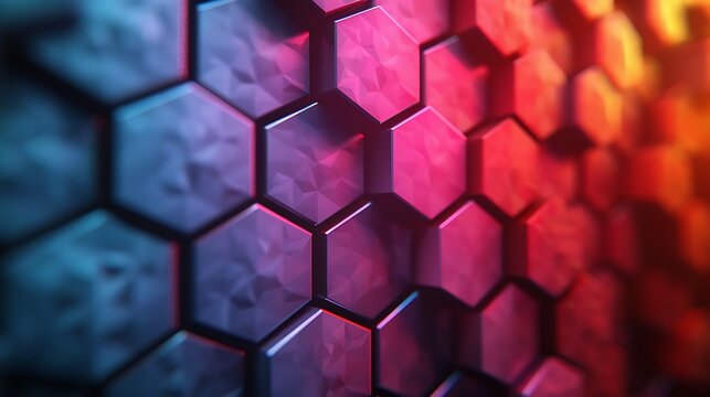 A modern wall background displaying abstract geometric shapes, including hexagons and parallelograms, using a balanced palette of bright and soft colors, intricate and precise design