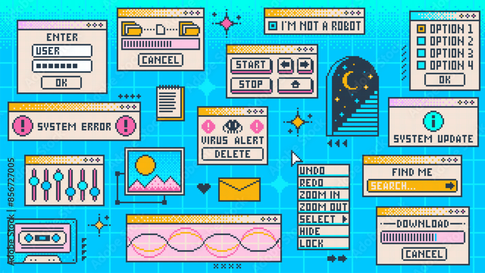 Poster Retro computer window y2k page interface. Vector rave blue pc desktop with virus alert message, equalizer, cassette, download bar, system update and options, menu control buttons in old 2000s style