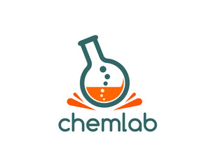 Science lab icon. Isolated vector emblem for scientific chemical laboratory with stylized beaker or flask containing an orange liquid with bubbles, splashes and word chemlab in sans-serif typeface