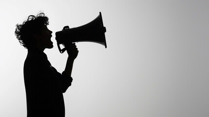 Silhouette of a person with a megaphone on a white background, suggesting a call to action or...