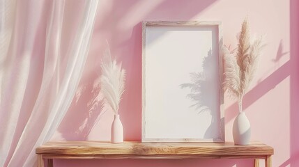 Pastel pink interior with empty photo frame white silk drape and fluffy reeds on wooden shelf space for writing