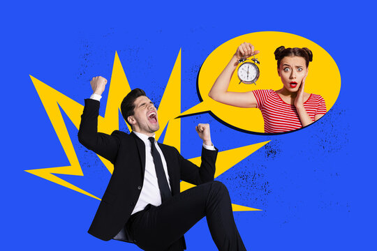 Composite photo collage of scream angry businessman late work girl hold alarm clock deadline punctuality isolated on painted background