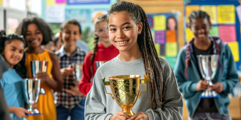 A girl is holding a trophy and smiling