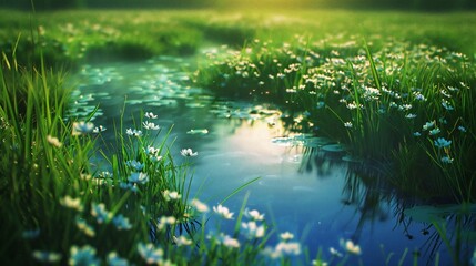 Naklejka premium A green field with a meandering stream reflecting the sunlight, surrounded by wildflowers and tall grasses.