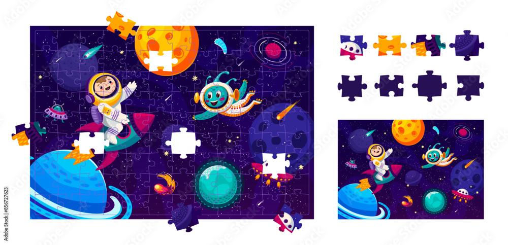 Poster Kid astronaut in outer space, jigsaw puzzle game pieces. Shape search vector riddle or puzzle quiz worksheet with cheerful kid and alien astronaut cartoon characters flying on rocket in outer space