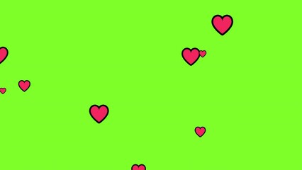 Red Hearts with Black Stroke flying up animation on green screen background, Elements for editing animated in alpha channel transparent background