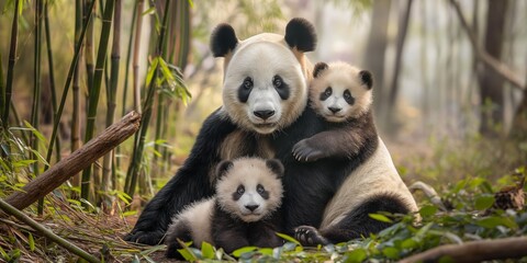 Obraz premium A playful panda in a bamboo forest represents wildlife and natural habitat in China.