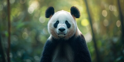 A giant panda plays among bamboo trees, highlighting its playful nature and wildlife habitat.