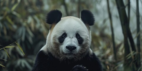 Fototapeta premium A giant panda in the woods, playful and adorable, enjoying bamboo in its natural habitat.