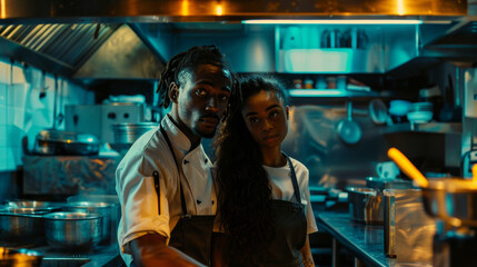A pair of skilled black chefs expertly prepare food in a high-end kitchen, showcasing their culinary prowess with precision and professionalism.