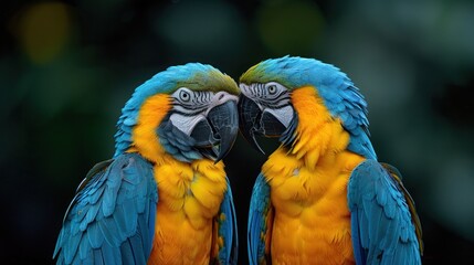 Fototapeta premium Two Blue and Gold Macaws Looking at Each Other