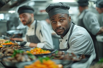 A pair of skilled black chefs expertly prepare food in a high-end kitchen, showcasing their culinary prowess with precision and professionalism.
